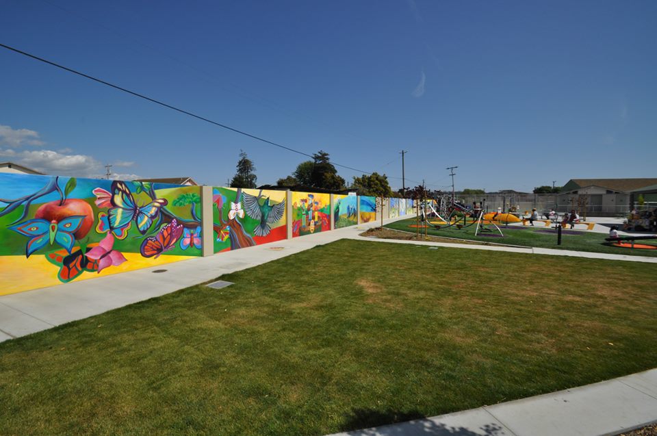 Pajaro Park Mural, Designed and painted with CSUMB's mural class (Johanna Poethig Professor, John Elliott Mural Site Supervisor),  Pajaro, CA , 19 panels, 8' X 300' total.    2014