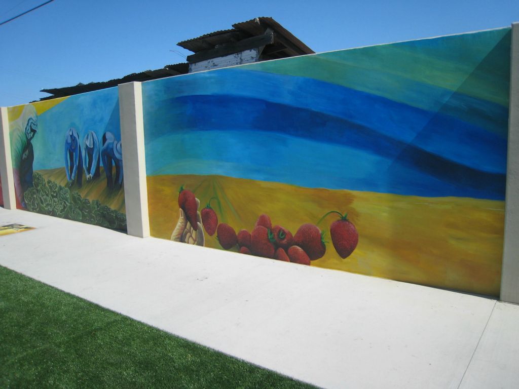 Pajaro Park Mural, Designed and painted with CSUMB's mural class (Johanna Poethig Professor, John Elliott Mural Site Supervisor),  Pajaro, CA , 19 panels, 8' X 300' total.    2014 