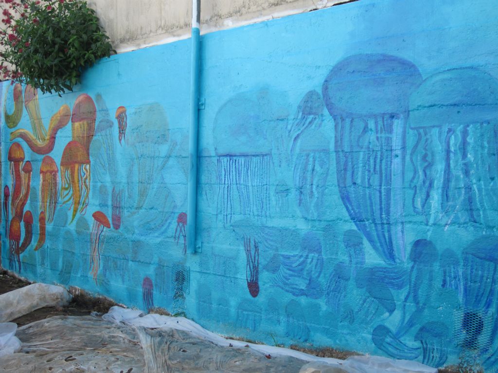 Undersea mural,  Designed and Painted by John Elliott with elementary school students from Harvey Milk Civil Rights Academy San Francisco, CA. 8’ X 60’  2012