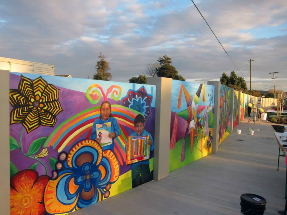 Pajaro Park Mural, Designed and painted with CSUMB's mural class (Johanna Poethig Professor, John Elliott Mural Site Supervisor),  Pajaro, CA , 19 panels, 8' X 300' total.    2014