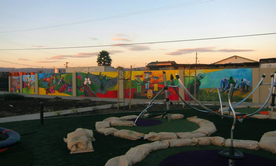 Pajaro Park Mural, Designed and painted with CSUMB's mural class (Johanna Poethig Professor, John Elliott Mural Site Supervisor),  Pajaro, CA , 19 panels, 8' X 300' total.    2014