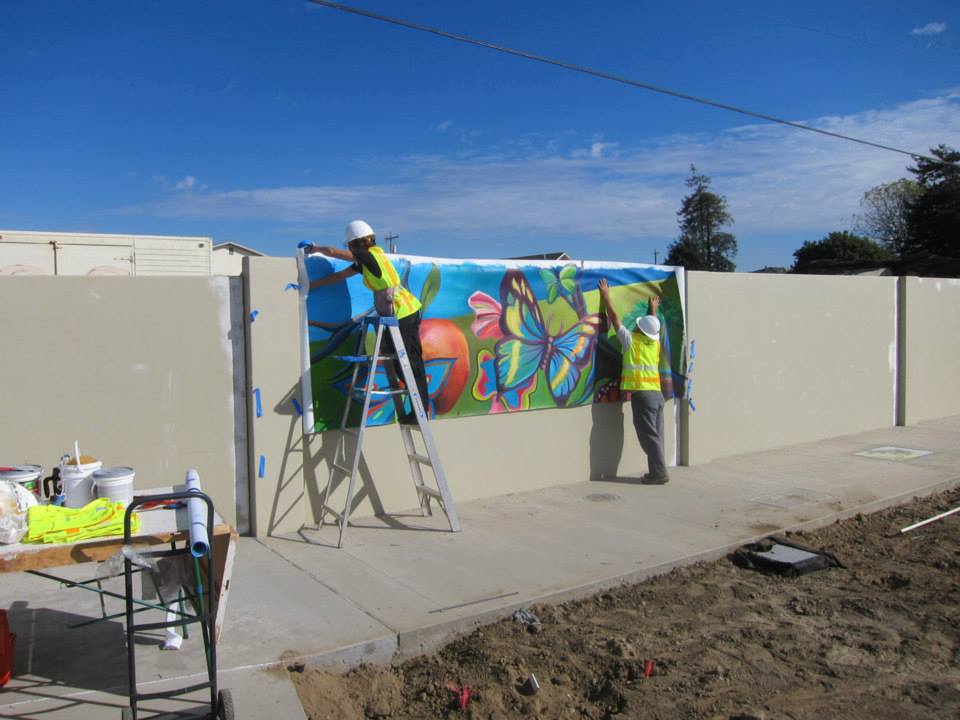 Pajaro Park Mural, Designed and painted with CSUMB's mural class  (Johanna Poethig Professor, John Elliott Mural Site Supervisor),  Pajaro, CA. 19 panels, 8' X 300' total.    2014