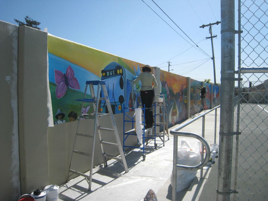 Pajaro Park Mural Installation, Designed and painted with CSUMB's mural class (Johanna Poethig Professor, John Elliott Mural Site Supervisor),  Pajaro, CA , 19 panels, 8' X 300' total.    2014