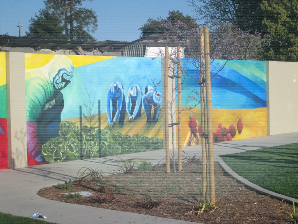 Pajaro Park Mural, Designed and painted with CSUMB's mural class (Johanna Poethig Professor, John Elliott Mural Site Supervisor),  Pajaro, CA , 19 panels, 8' X 300' total.    2014
