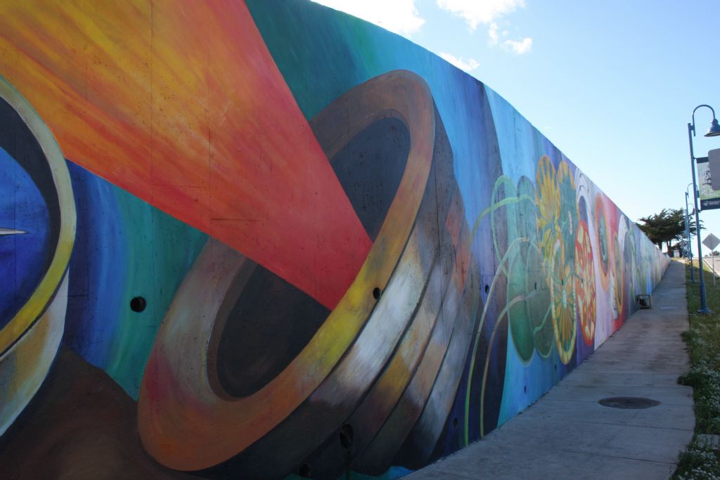 Monterey Bay Vision Mural, designed and painted with CSUMB's mural class (Johanna Poethig Professor, John Elliott Mural Site Supervisor),  Marina, CA. 20’ x 300’   2015