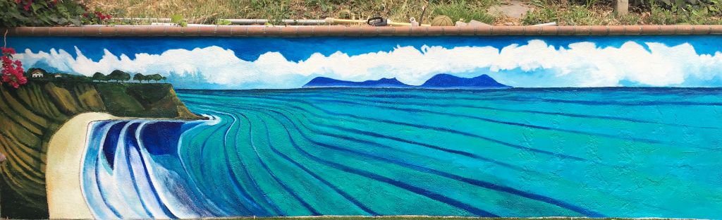 Palos Verdes Mural, Designed and Painted by John Elliott, Acrylic on Stucco, Palos Verdes, CA.  4' X 27'  2018 