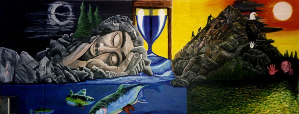 Salinas Valley State Prison Art Room Mural, Soledad, CA 8' X 30'   Designed and Painted by John Elliott with inmates from SVSP.  1998