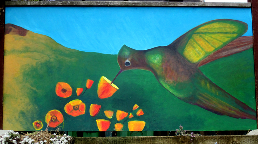 Hummingbird close up - Ogden St Community Garden Mural,   Designed and Painted by John Elliott  San Francisco, CA.  4’ X 21’  2011
